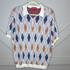 Supreme Argyle Half Zip Knit Polo Shirt Sweater Short Sleeve Men’s Large Preppy